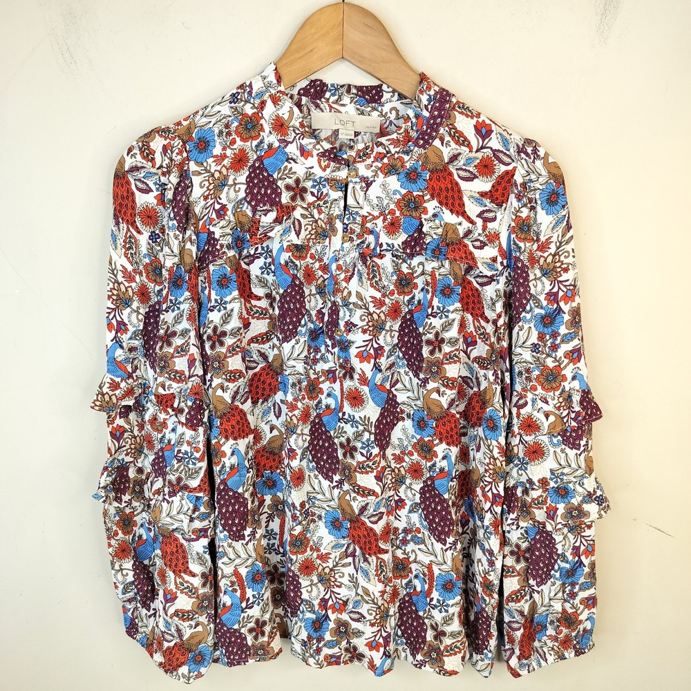 LOFT Blouse Petite Small Womens Ruffle Sleeve Peacock Floral Boho  Top